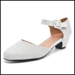 Silver Glitter Low Heel Pumps Ankle Strap Dress Shoes Wedding Party Retro